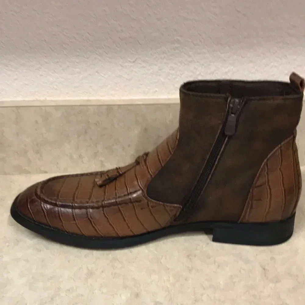 Chukka Brown‎ Two Tone PU Leather Alligator Tassel Ankle Boots - Picture 7 of 12